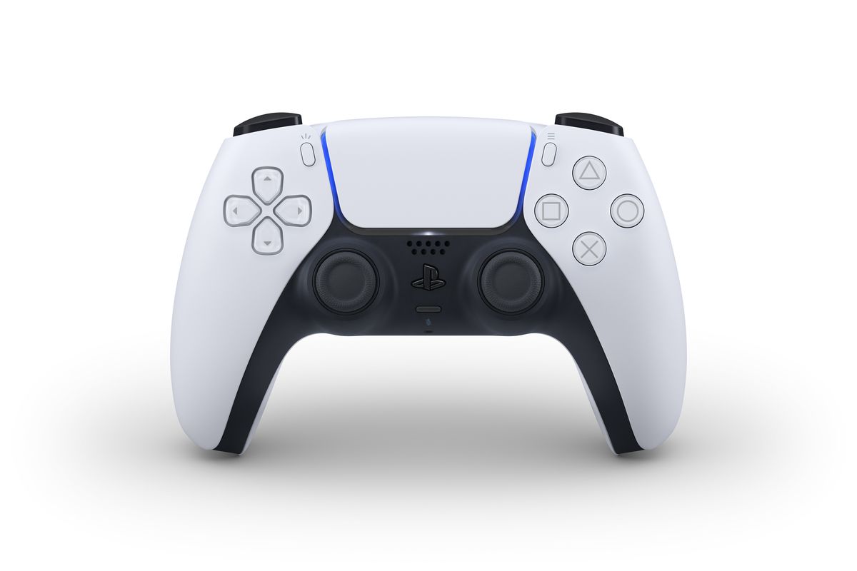 a product photo from the front of the PlayStation 5 controller, the DualSense, standing up