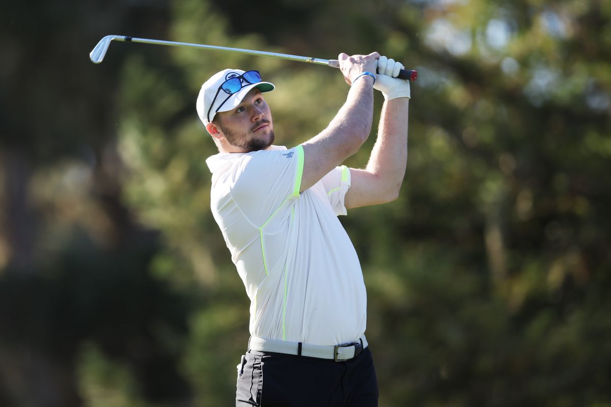 Buffalo Bills quarterback Josh Allen plays his shot from the 12th tee during the second round of the AT&amp;T Pebble Beach Pro-Am at Spyglass Hill Golf Course on February 04, 2022 in Pebble Beach, California.