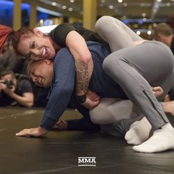 BJ  Penn and Cris Cyborg have some fun at UFC 222 workouts.