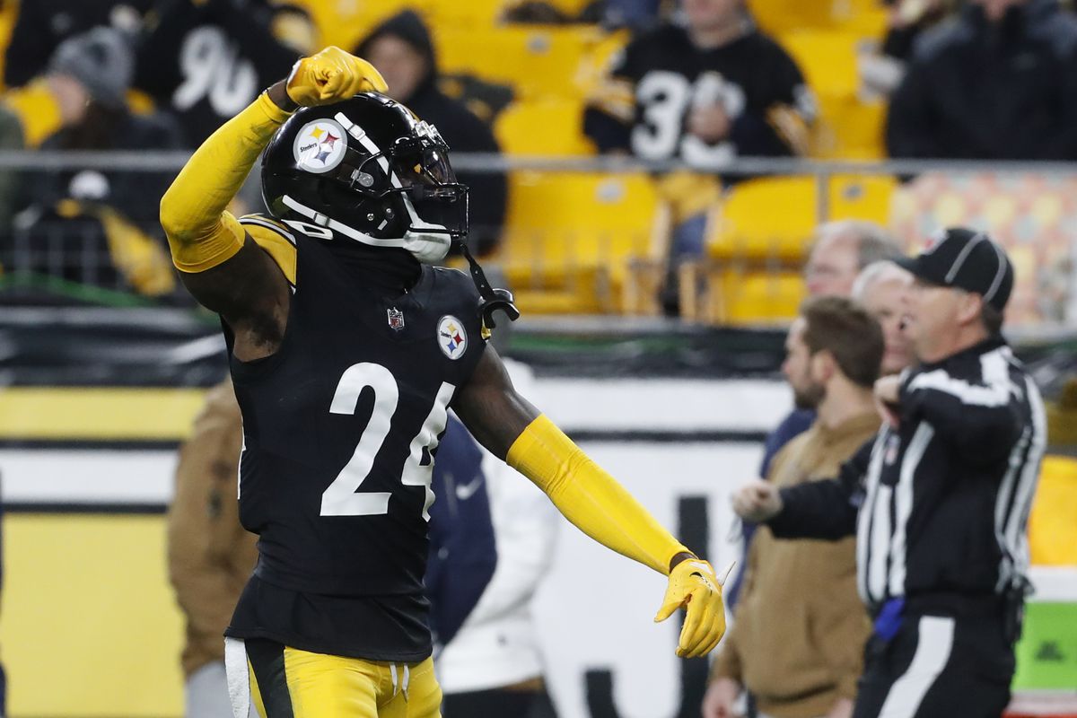 Pittsburgh Steelers cornerback Joey Porter Jr. (24) reacts after a defensive stop against the Tennessee Titans during the second quarter at Acrisure Stadium.&nbsp;