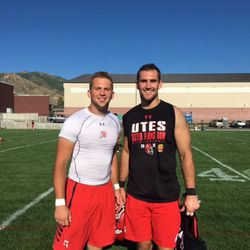 Starting strong safety Chase Hansen, black shirt, and his younger brother Dakota pose for a picture after running some extra drills together after practice. The brothers, five years apart, are playing together as safeties for Utah for the first time. Their relationship helps them both excel.