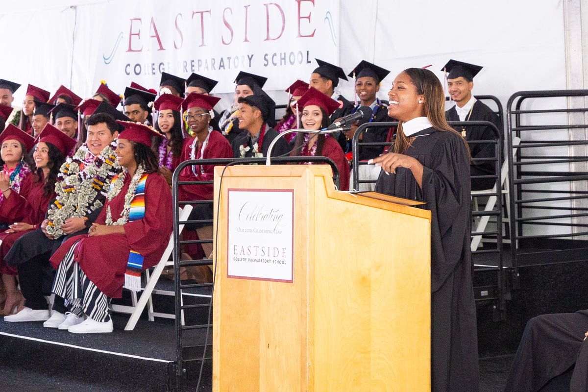Corine Forward addresses Eastside College Preparatory's 2019 graduating  class on May 31, 2019, about how to use the lessons learned in high school  to thrive in college. Forward, an Eastside 2015 graduate, credits the school's mentoring program for enabling her to head to Columbia University law school in the fall.