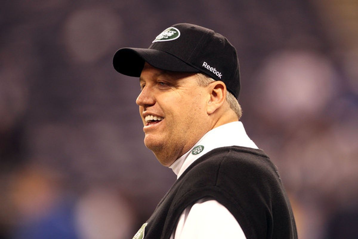 Head coach Rex Ryan of the New York Jets looks on during warm ups against the Indianapolis Colts during their 2011 AFC wild card playoff game at Lucas Oil Stadium on January 8 2011 in Indianapolis Indiana.  (Photo by Andy Lyons/Getty Images)