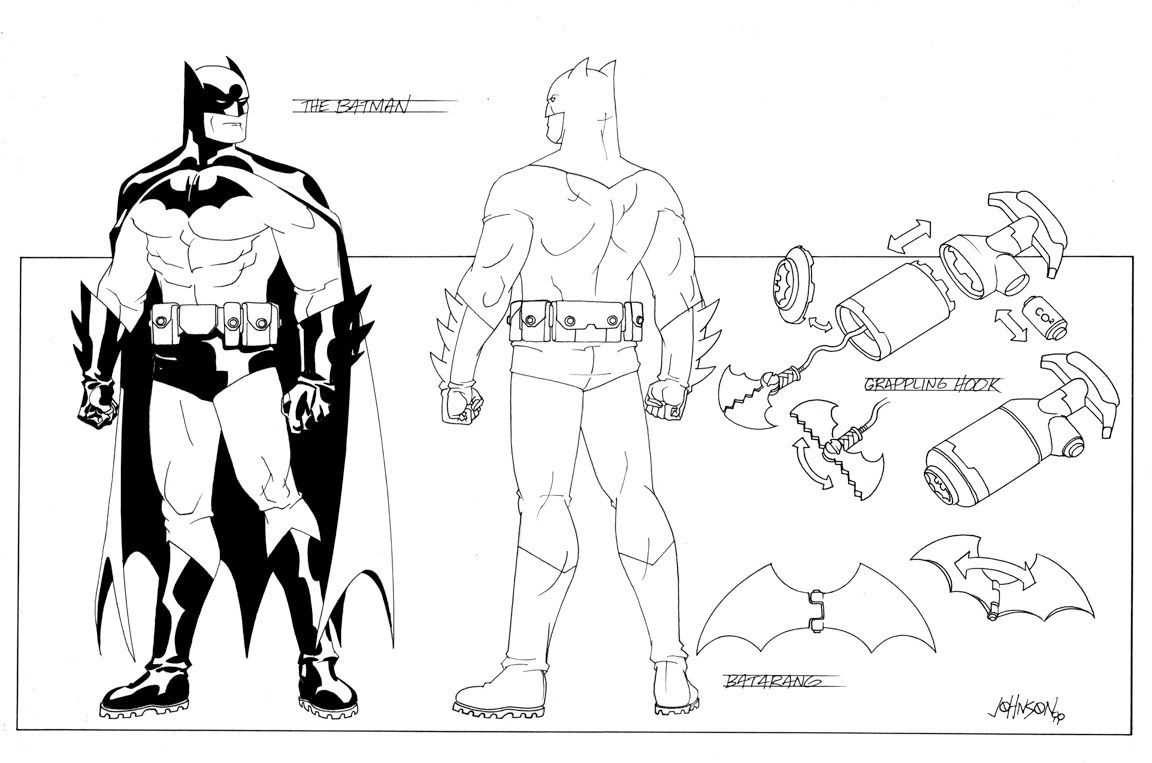 Design sheets for a new Batman costume design, with treaded boots, a bulky belt, and a black bat symbol with no oval. 