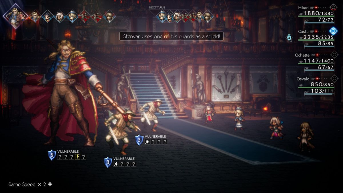 The party members fight a boss in a castle entryway in Octopath Traveler 2
