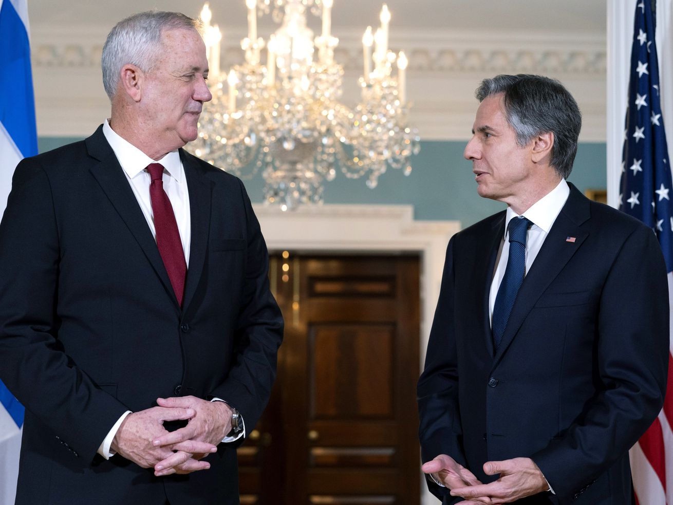 Secretary of State Antony Blinken, right, meets with Israel’s Defense Minister Benny Gantz, Thursday, June 3, 2021, at the State Department in Washington. 