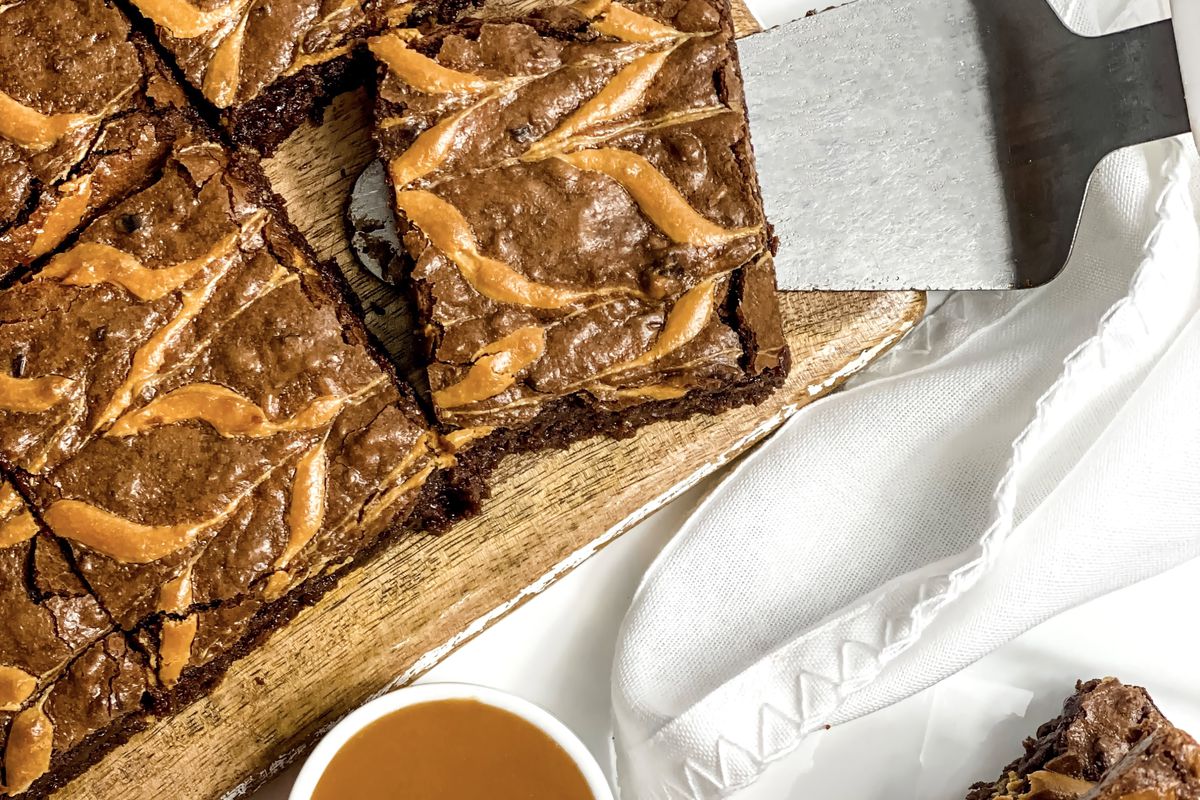 A fresh batch of salted caramel brownies with salted caramel dipping sauce from French Broad Chocolate.