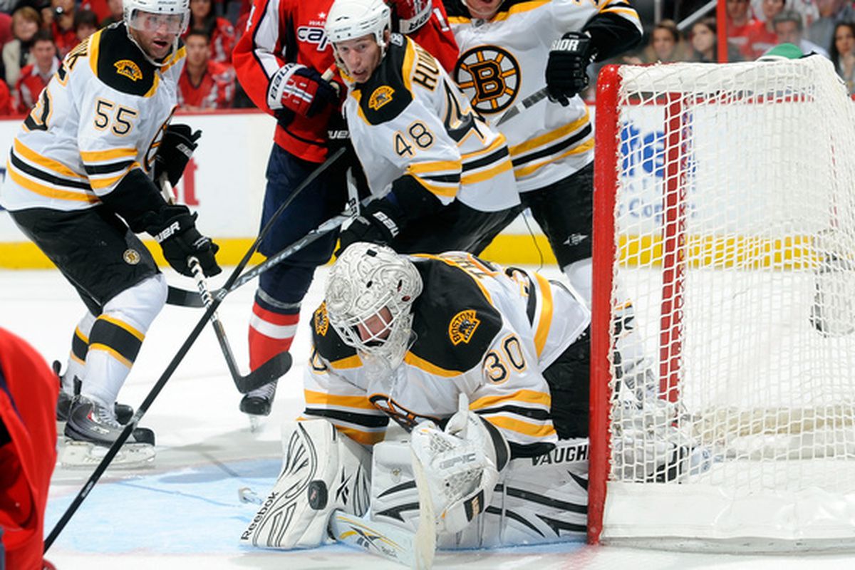 WASHINGTON - OCTOBER 19:  Tim Thomas #30 of the Boston Bruins makes a save against the Washington Capitals at the Verizon Center on October 19 2010 in Washington DC.  (Photo by Greg Fiume/Getty Images)