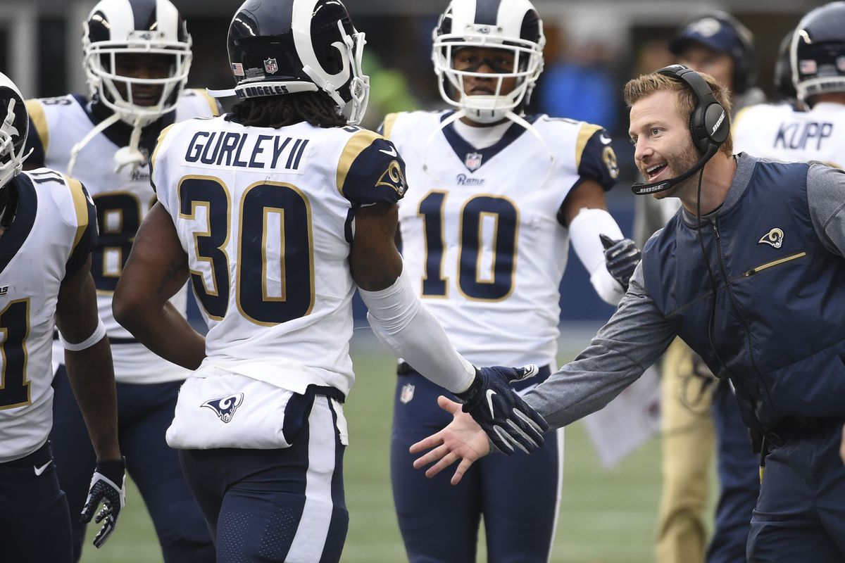 Los Angeles Rams Head Coach congratulates RB Todd Gurley after scoring a touchdown