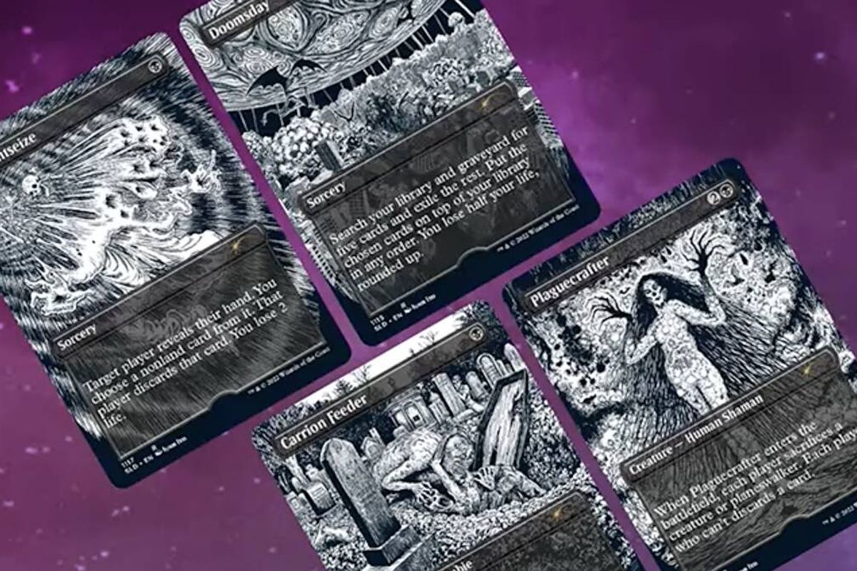Magic: the Gathering - Four Magic: the Gathering Cards with the card art replaced with the distinctive horror style of artist Junji Ito