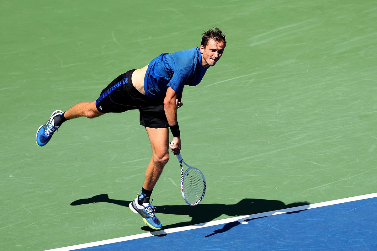 Danill Medvedev serves against Stefan Kozlov of the United States during the Men’s Singles First Round on Day One of the 2022 US Open at USTA Billie Jean King National Tennis Center on August 29, 2022 in the Flushing neighborhood of the Queens borough of New York City.