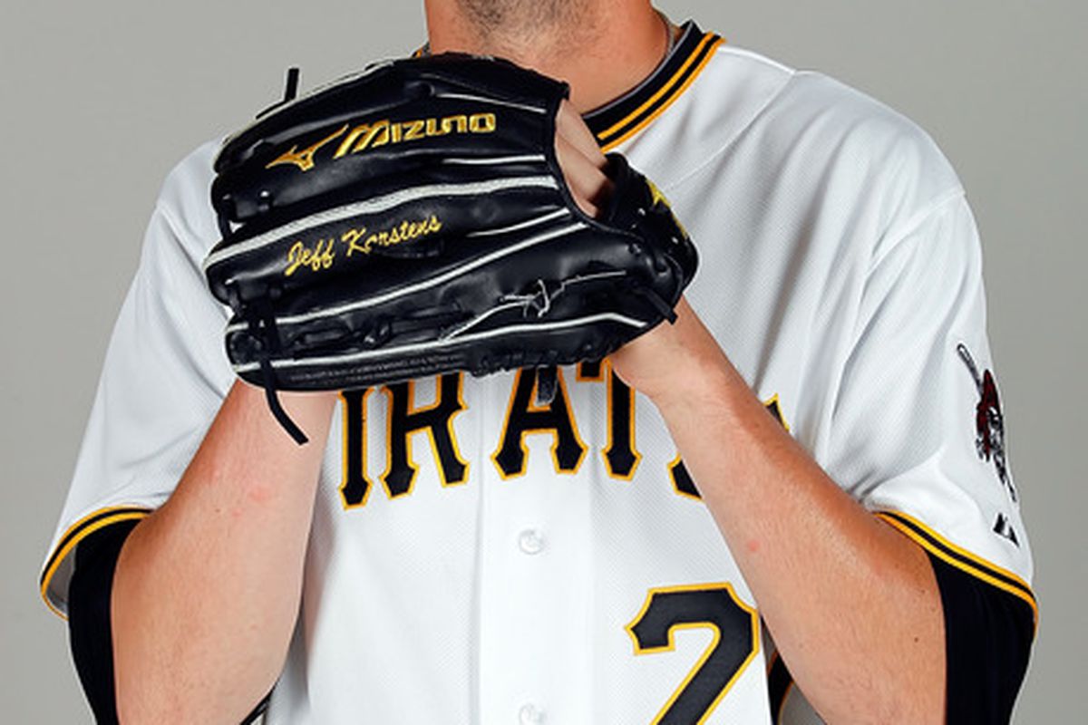 BRADENTON FL - FEBRUARY 20:  Pitcher Jeff Karstens #27 of the Pittsburgh Pirates poses for a photo during photo day at Pirate City on February 20 2011 in Bradenton Florida.  (Photo by J. Meric/Getty Images)
