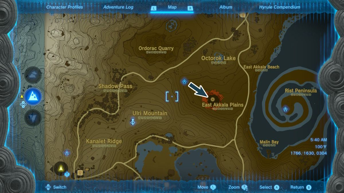 A map shows the location of a chasm leading to the Depths in Zelda Tears of the Kingdom.