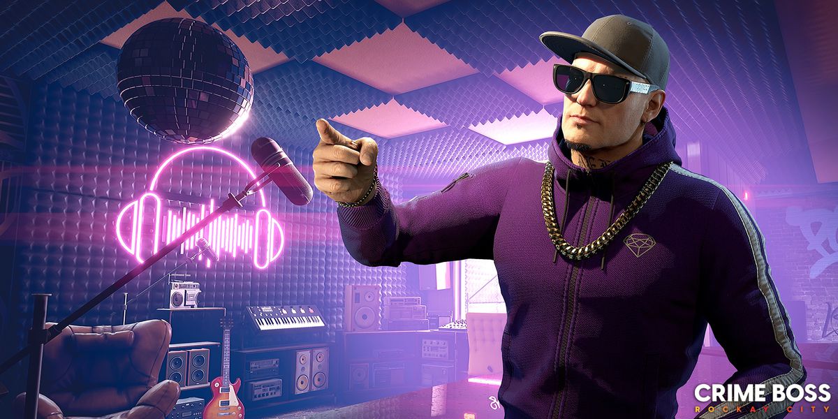 A character portrayed by Vanilla Ice points in a neon-lit recording studio in a screenshot from Crime Boss: Rockay City