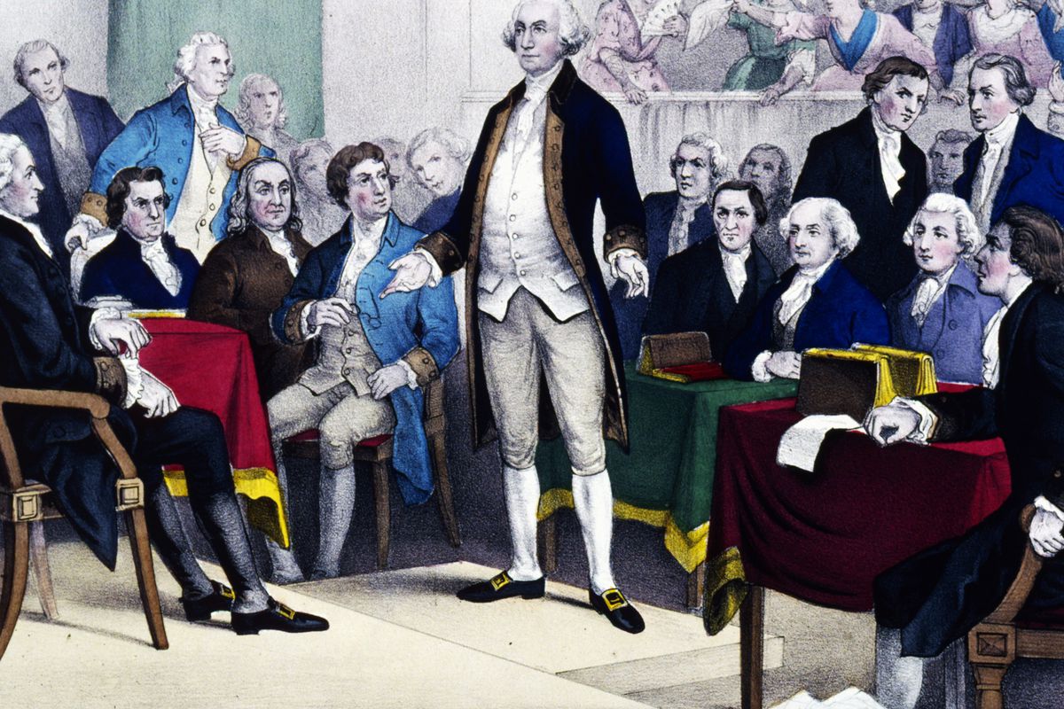 George Washington speaking to an assembly, with his calves showing.