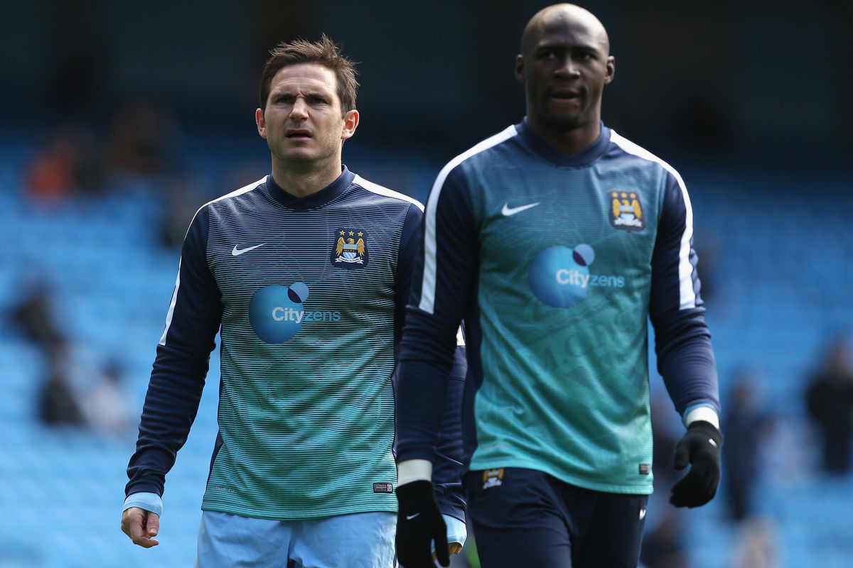 Frank Lampard of Manchester City (L) and Eliaquim Mangala of Manchester City warm up prior to the Barclays Premier League match between Manchester City and West Bromwich Albion at Etihad Stadium on March 21, 2015 in Manchester, England.