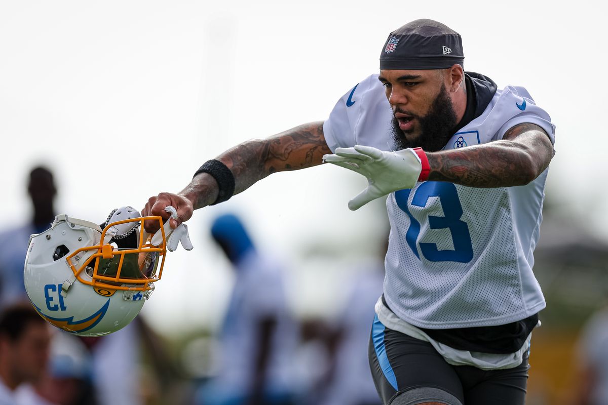 Keenan Allen #13 of the Los Angeles Chargers dances during training camp at Jack Hammett Sports Complex on July 27, 2022 in Costa Mesa, California.