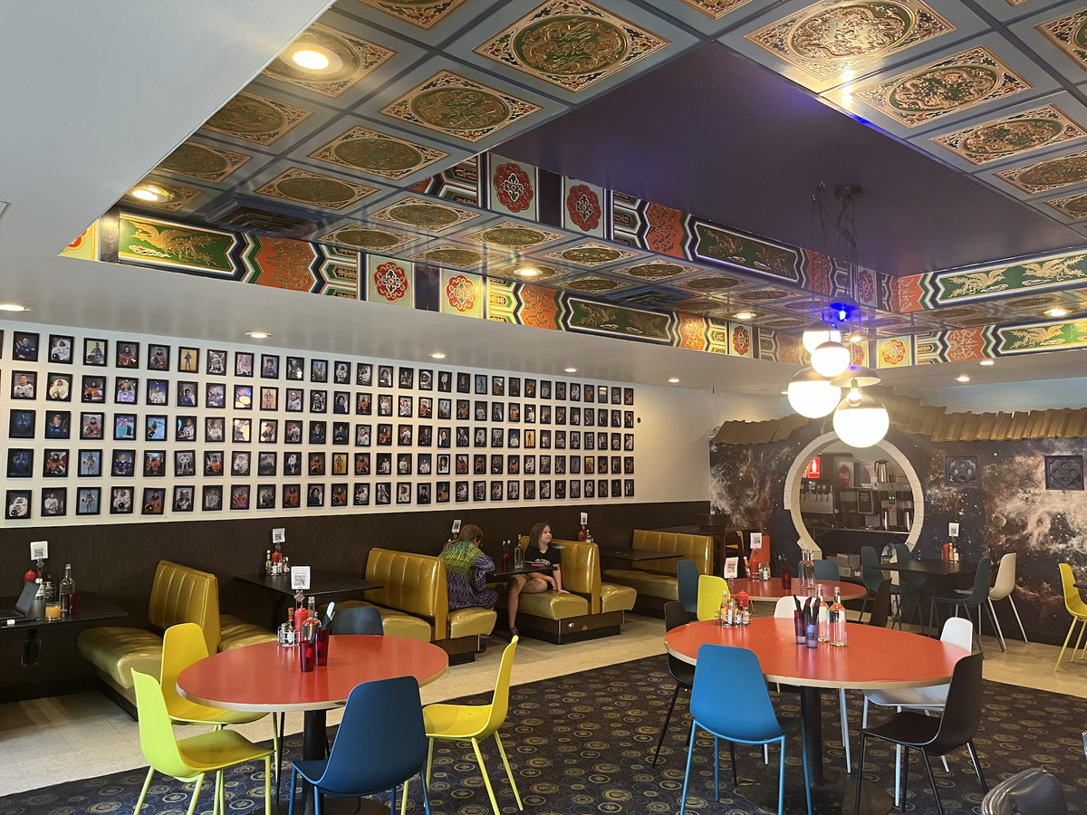 The interior of a colorful diner
