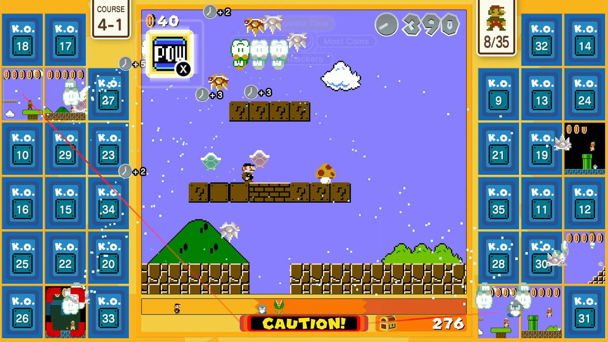 a screenshot of Super Mario Bros. 35 in which only seven of the 34 other players remain in Course 4-1