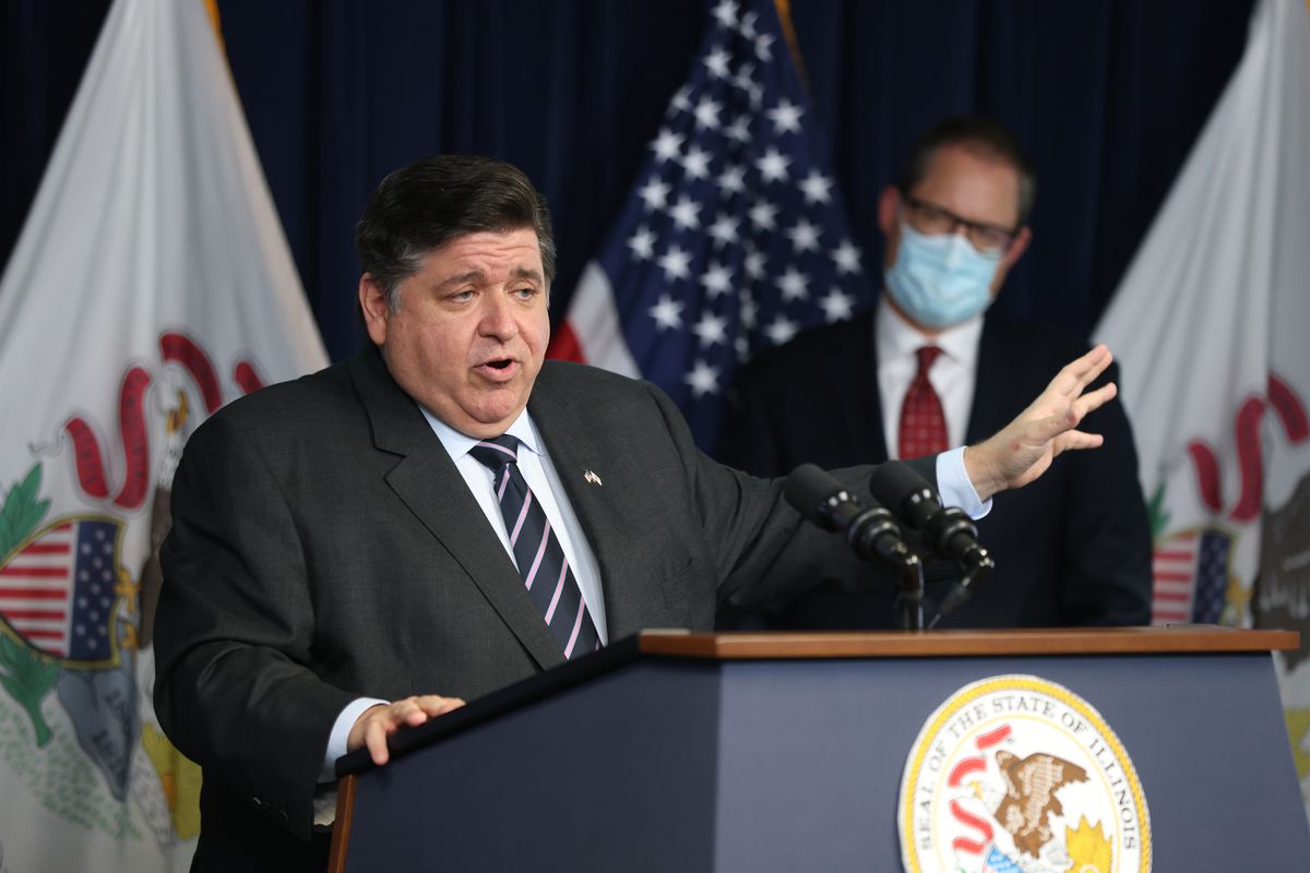 Gov. J.B. Pritzker speaks at a news conference at the Thompson Center&nbsp;on Monday.