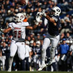 BYU's Moroni Laulu-Pututau falls short of a pass during a game against the UMass Minutemen at LaVell Edwards Stadium in Provo on Saturday, Nov. 19, 2016.