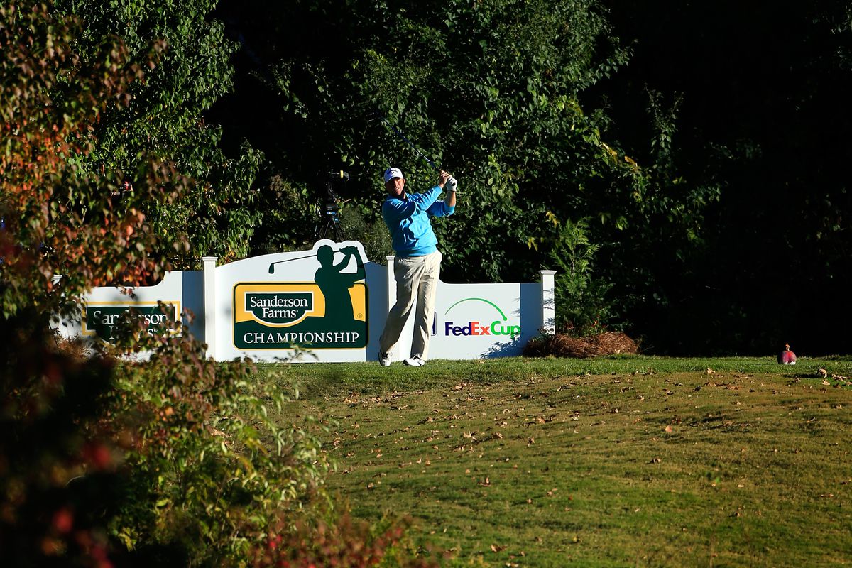 John Rollins of the United States tees off on the 17th hole during round two of the Sanderson Farms Championships at The Country Club of Jackson on November 7, 2014 in Jackson, Mississippi.