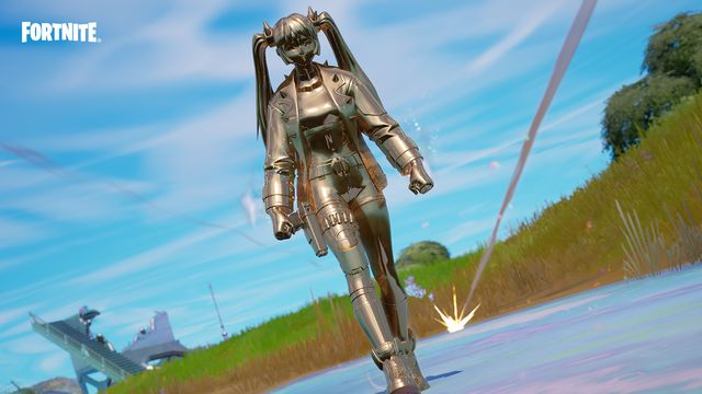 A Chrome Fortnite player walks around the map in Fortnite: Chapter 3 Season 4 