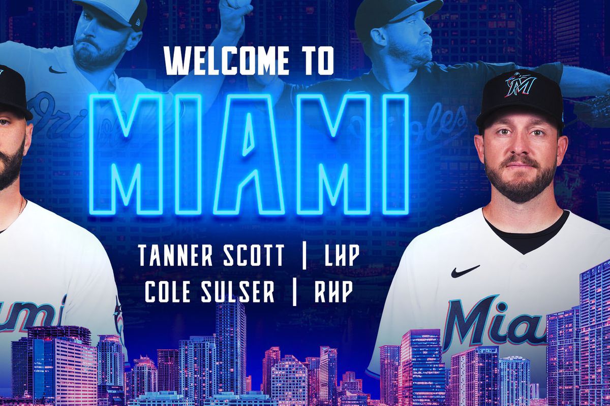 Tanner Scott (left) and Cole Sulser (right) photoshopped in Marlins uniforms on both sides of a “welcome to Miami” sign
