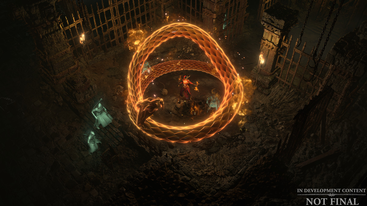 A Sorceress summons a giant, flaming snake in Diablo 4