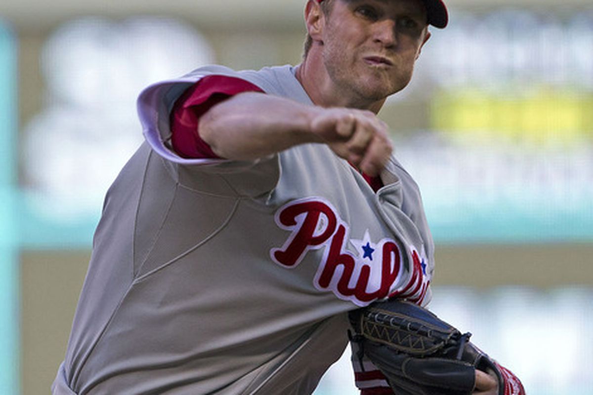 June 12, 2012; Minneapolis, MN, USA: Philadelphia Phillies relief pitcher Kyle Kendrick (38) delivers a pitch in the first inning against the Minnesota Twins at Target Field. Mandatory Credit: Jesse Johnson-US PRESSWIRE