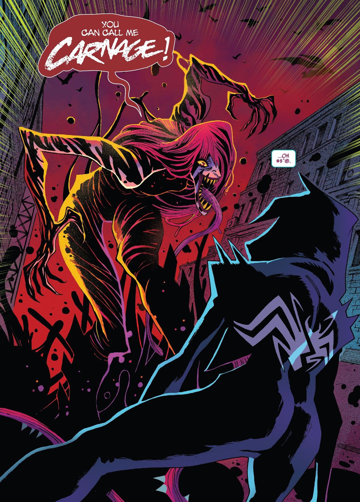 “You can call me Carnage!” Knull Symbiote Mary Jane rears up and snarls at Ghost-Spider, in Gwenom vs. Carnage #1, Marvel Comics (2021). 