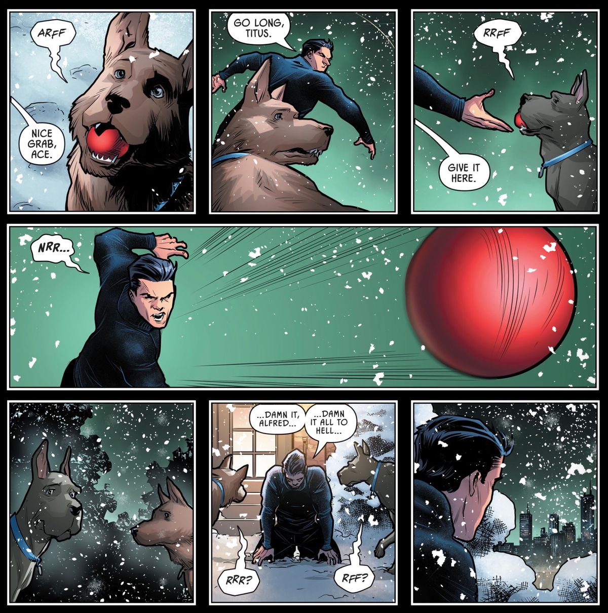 Batman throws a ball for the Wayne family dogs, Ace and Titus, and then collapses to his knees. “Damn it, Alfred...” he gasps, “Damn it all to hell...” in Detective Comics #1018, DC Comics (2020).