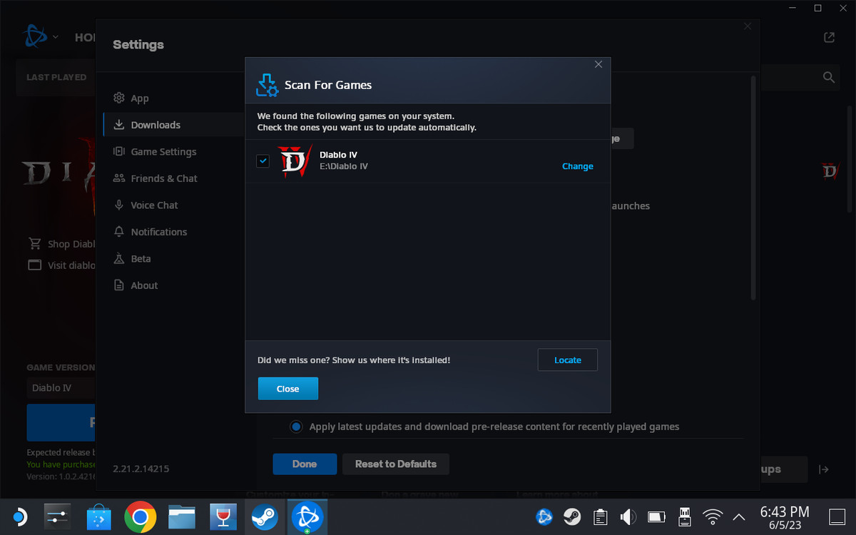 A screenshot of the Battle.net “Scan For Games” function, showing a detected installation of Diablo 4.