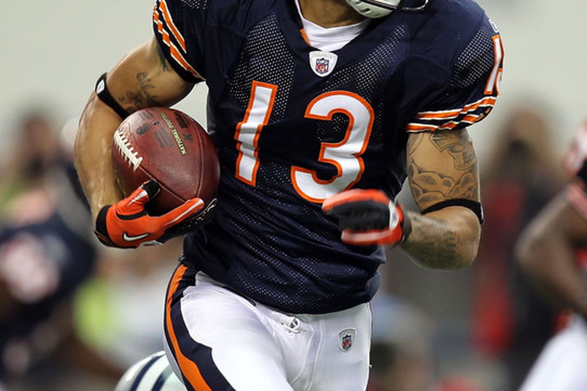 ARLINGTON TX - SEPTEMBER 19:  Wide receiver Johnny Knox #13 of the Chicago Bears runs the ball against the Dallas Cowboys at Cowboys Stadium on September 19 2010 in Arlington Texas.  (Photo by Ronald Martinez/Getty Images)