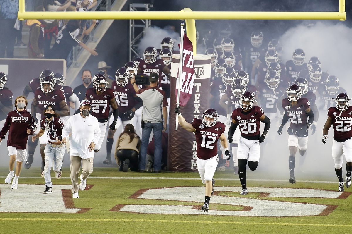 Texas A&amp;M Aggies take the field before the game against the Arkansas Razorbacks at Kyle Field on October 31, 2020 in College Station, Texas.