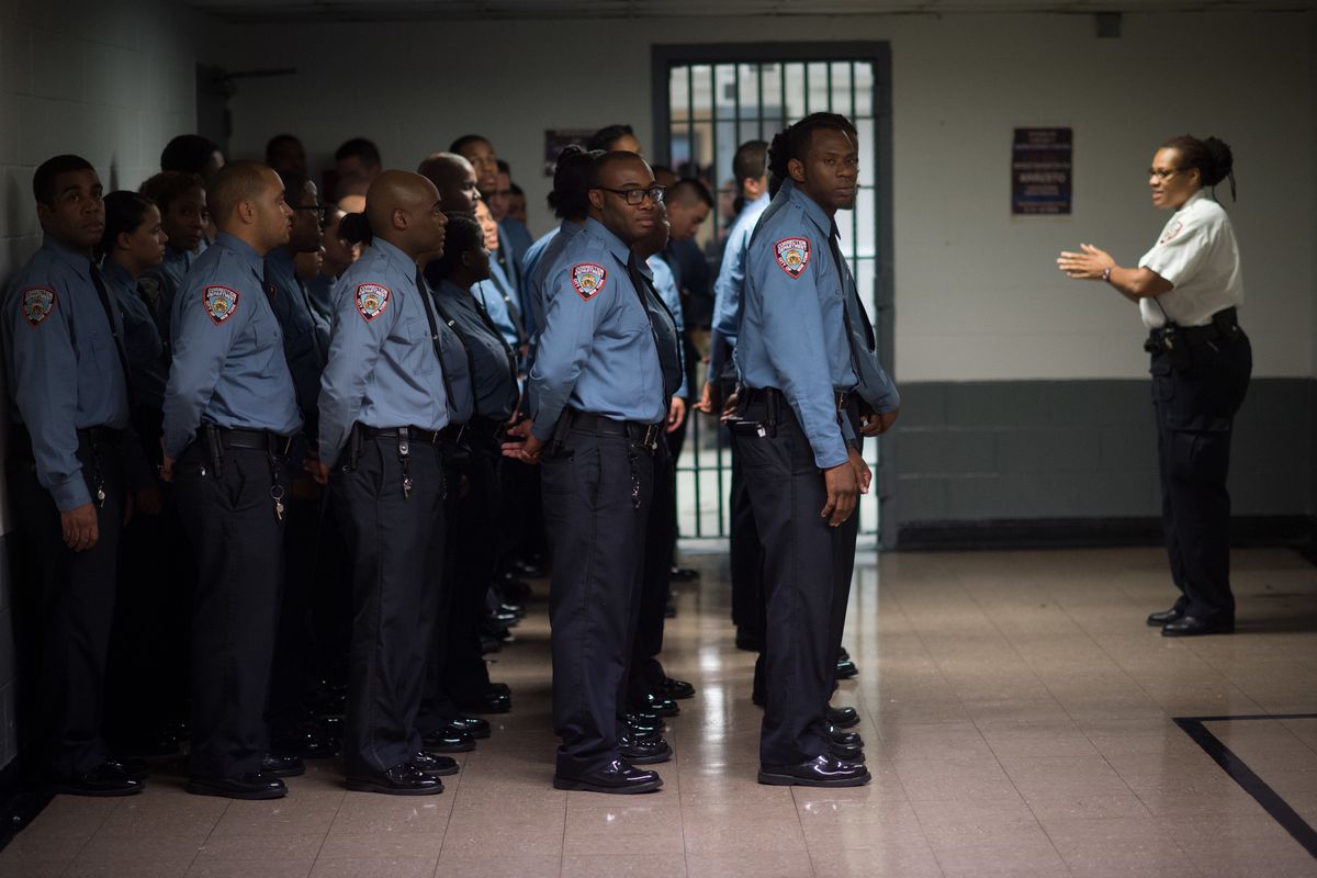 Correction officers prepare to meet then-Major Bill de Blasio on Rikers Island, Sept. 1, 2016.