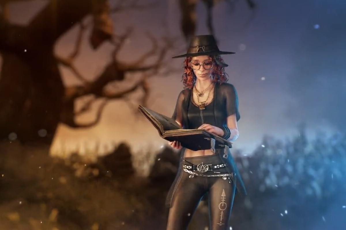 Dead by Daylight - Mikaela Reid, a young woman with curly red hair and witchy garb, looks through a book of spells