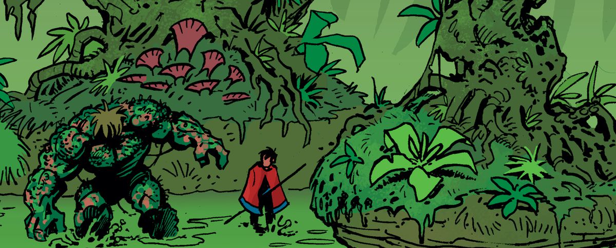 Armano, in a red cloak, wanders a swampy jungle by the side of Gogor, a Hulk-like plant creature, in Gogor, Image Comics (2019). 