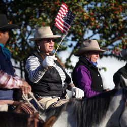 From left, Arlo Crutcher, Coleen Rupp Kness, Eddyann Filippini and Lynn Tomera talk to the media about the Grass March Cowboy Express in Salt Lake City on Thursday, Oct. 2, 2014.