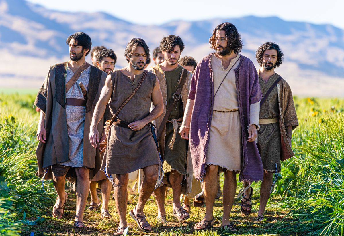 Actor Jonathan Roumie, front right, who plays Jesus Christ in “The Chosen” walks with his disciples in a scene during Season Two.