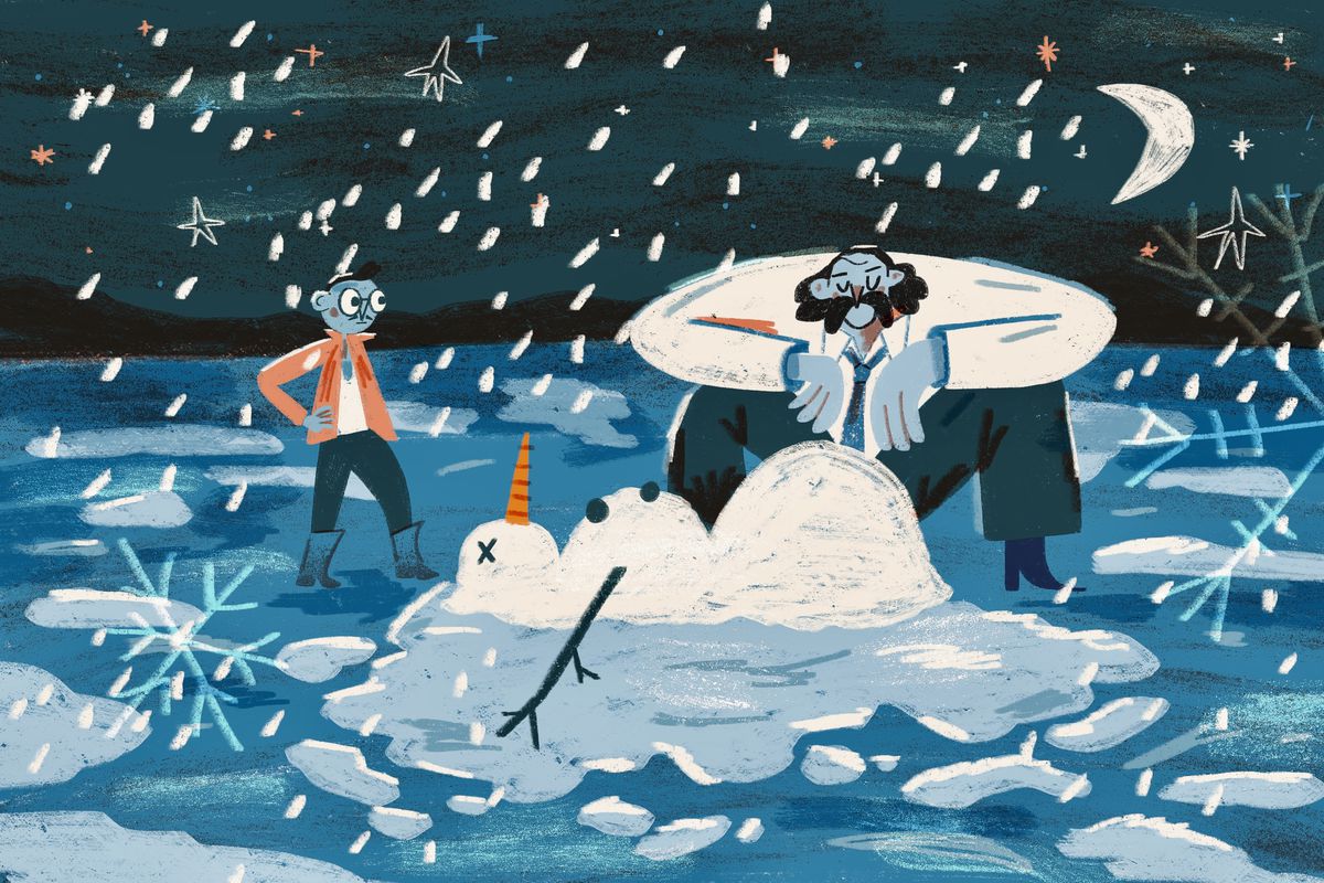 An original illustration shows two characters looking at a fallen snowman