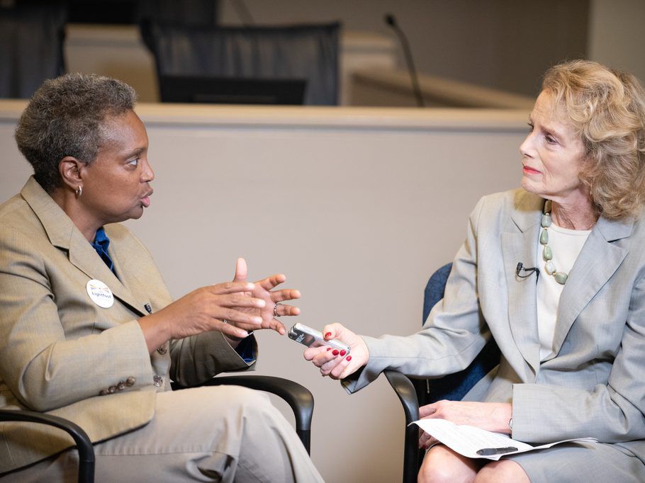 Mayoral candidate Lori Lightfoot speaks with Fran Spielman of the Chicago Sun-Times at City Hall in August. Lightfoot is focusing on Chicago’s tax burden in her mayoral run. File Photo. | Colin Boyle/Sun-Times