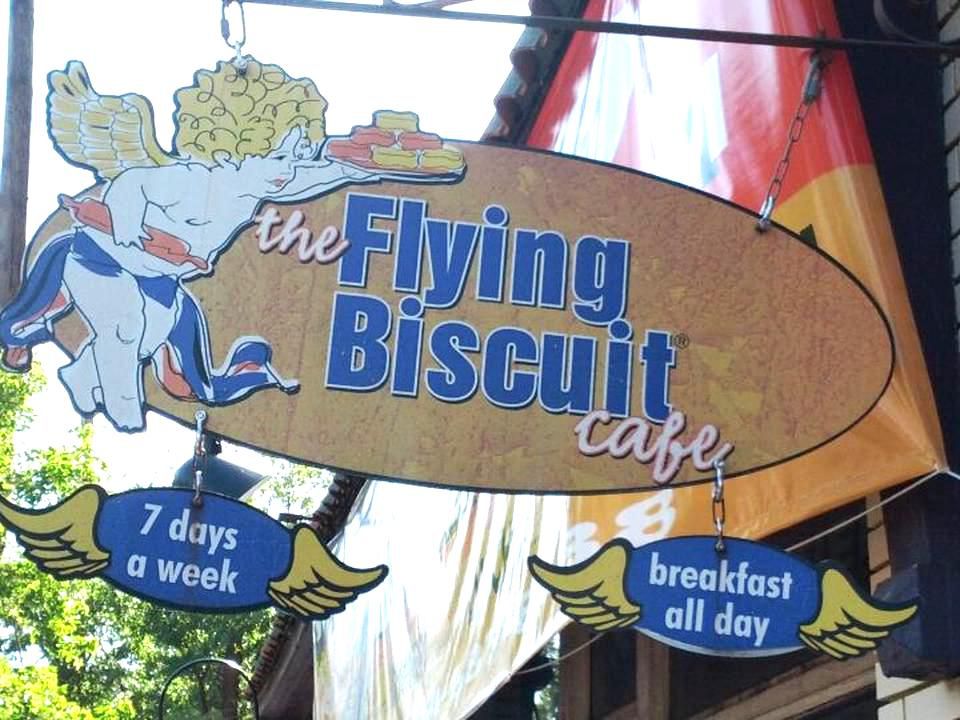 Signage for The Flying Biscuit Cafe in Candler Park.