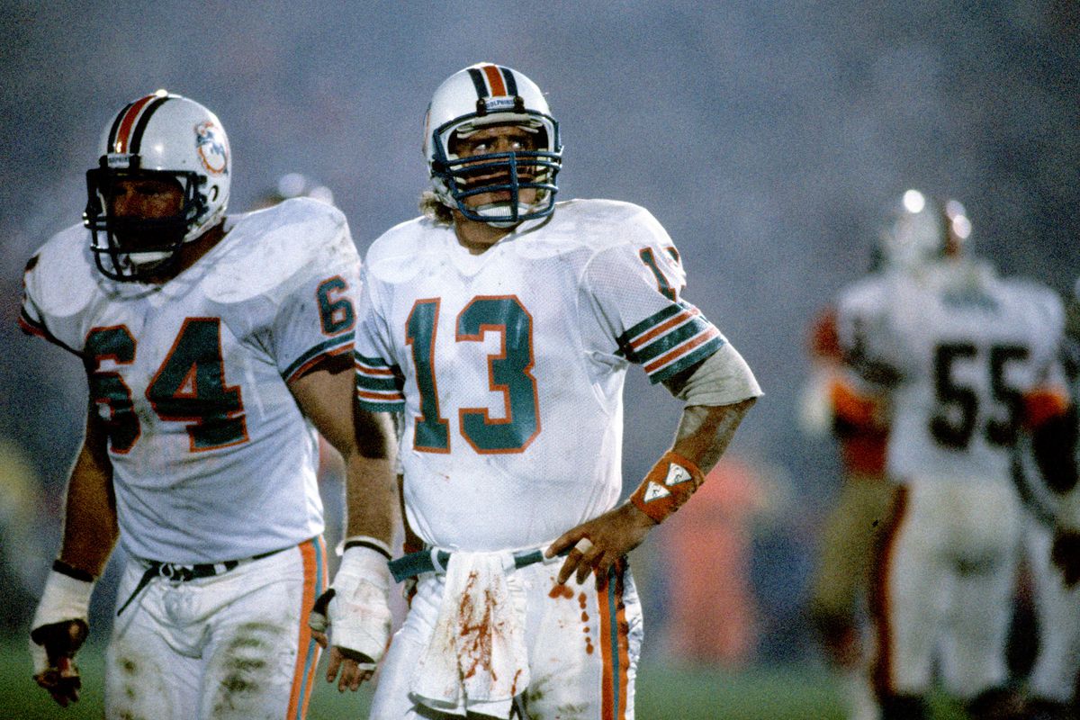 Quarterback Dan Marino of the Miami Dolphins during a 29 to 10 loss in Super Bowl XIX to the San Francisco 49ers played on January 20, 1985 at Stanford Stadium in Palo Alto, California.