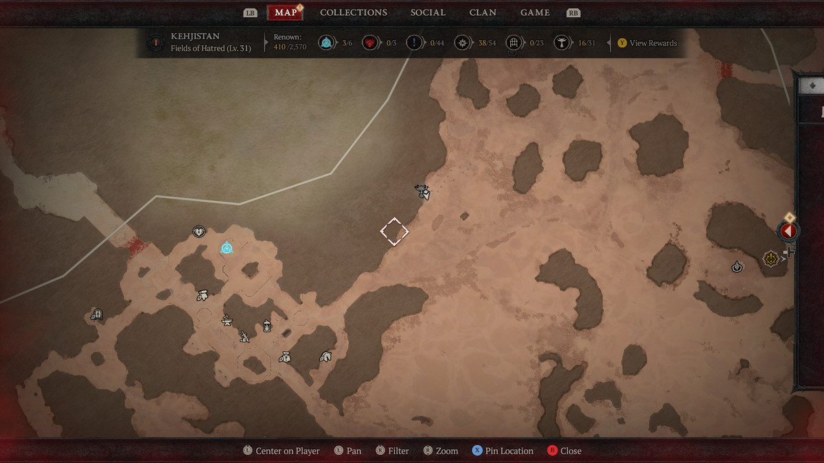 A map of Kehjistan in Sanctuary showing the 16th Altar of Lilith in Diablo 4