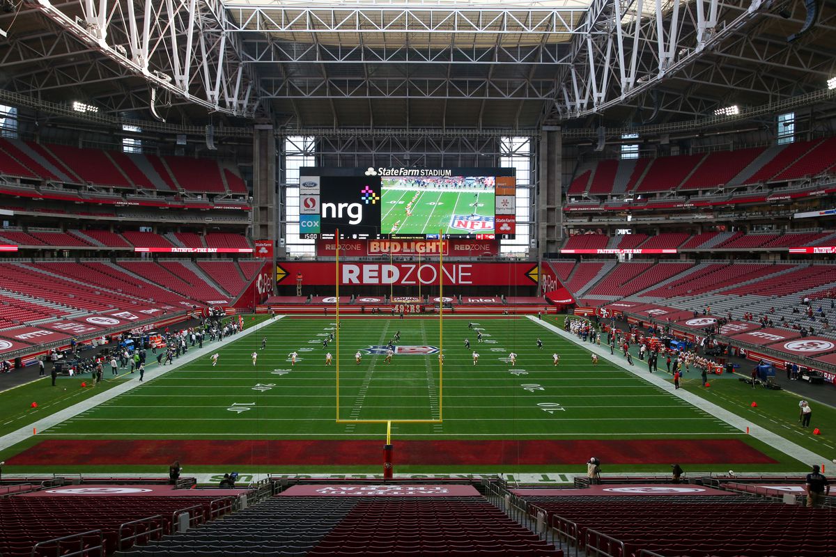 Overall view of State Farm Stadium in Glendale, Arizona without fans during the San Francisco 49ers game against the Seattle Seahawks.