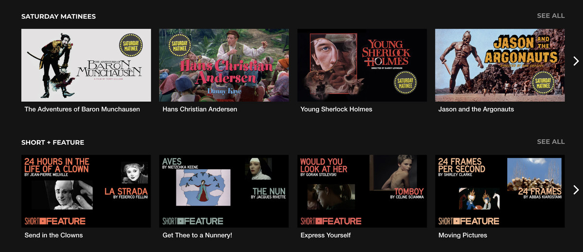 A screenshot of the Criterion Collection home page, including Saturday Matinee selections and Short and a Feature selections.