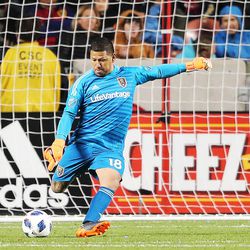 Real Salt Lake goalkeeper Nick Rimando (18) puts the ball back into play as Real Salt Lake and D.C. United play an MLS Soccer match at Rio Tinto Stadium in Sandy on Saturday, May 12, 2018. RSL won 3-2.