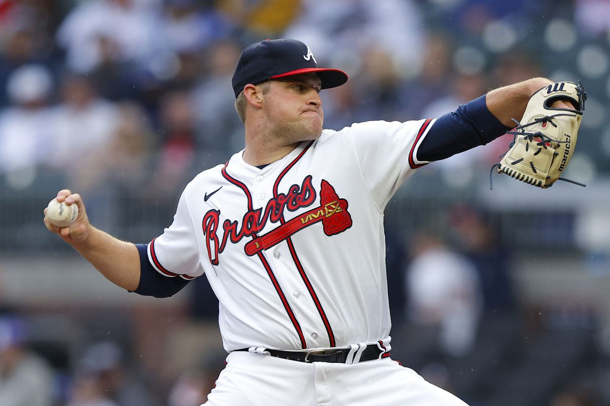 Bryce Elder of the Atlanta Braves pitches during the first inning against the Miami Marlins at Truist Park on April 26, 2023 in Atlanta, Georgia.
