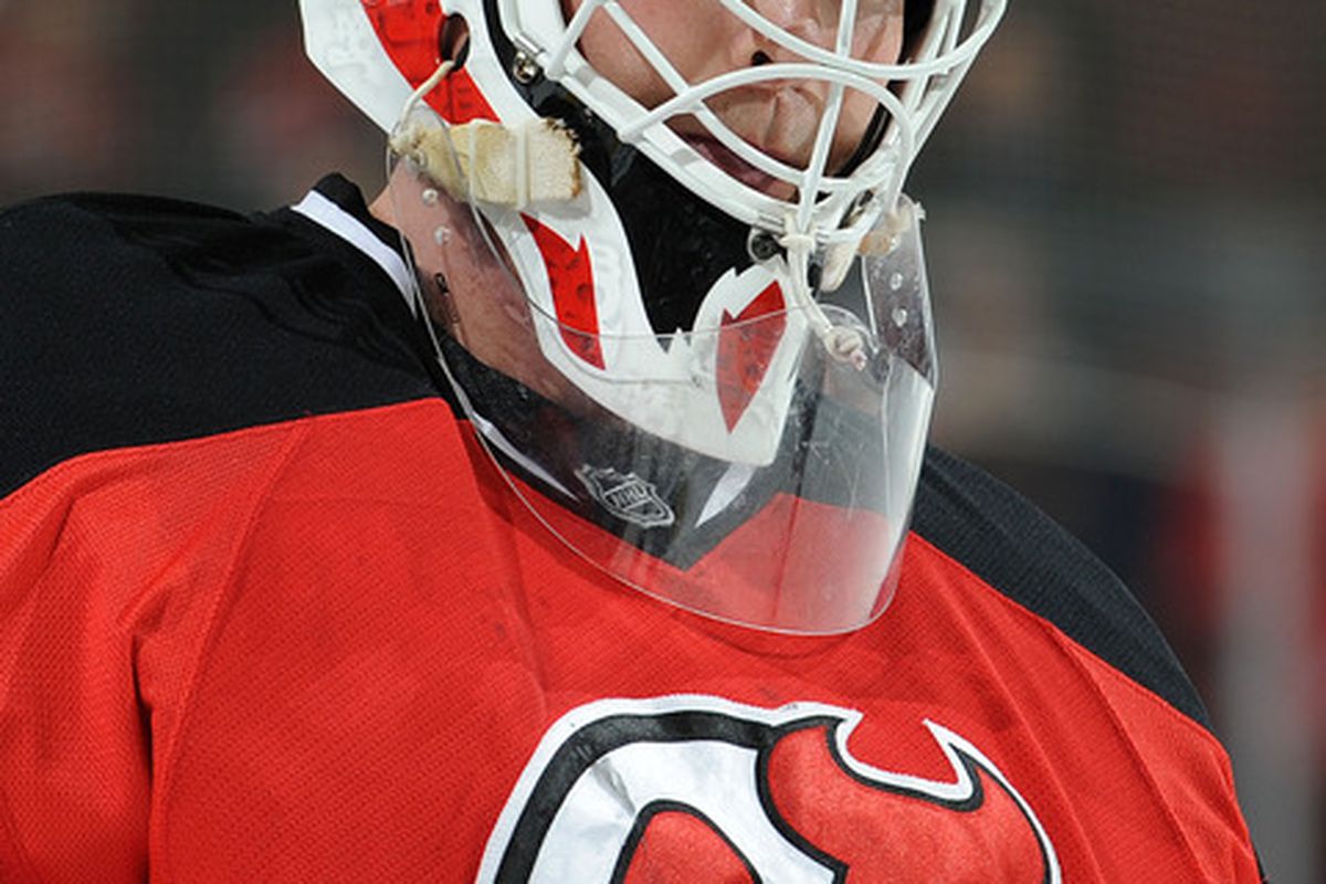 NEWARK, NJ - FEBRUARY 11:  Martin Brodeur #30 of the New Jersey Devils looks on during the game against the Florida Panthers on February 11, 2012 at the Prudential Center in Newark, New Jersey. (Photo by Christopher Pasatieri/Getty Images)